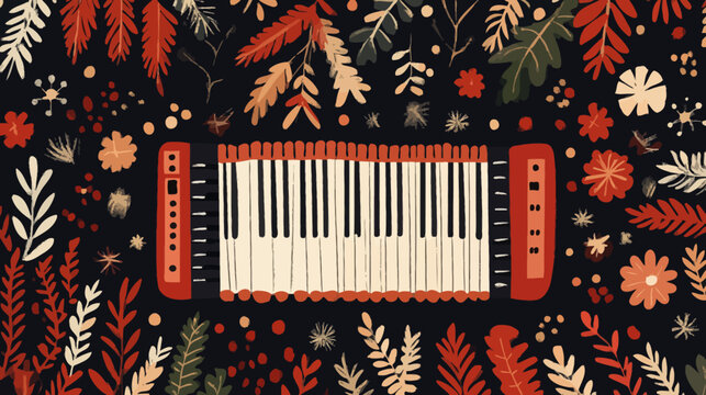 Illustration of a colorful, stylized electronic keyboard surrounded by festive foliage and flowers
