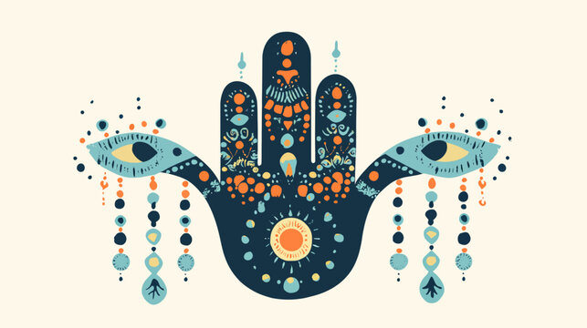 Artistic design combining a hamsa hand with eye motifs, floral details