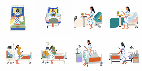 Naklejka premium Flat vector illustration set of a female patient in a hospital bed performing various activities like reading, drinking water, and using a phone.