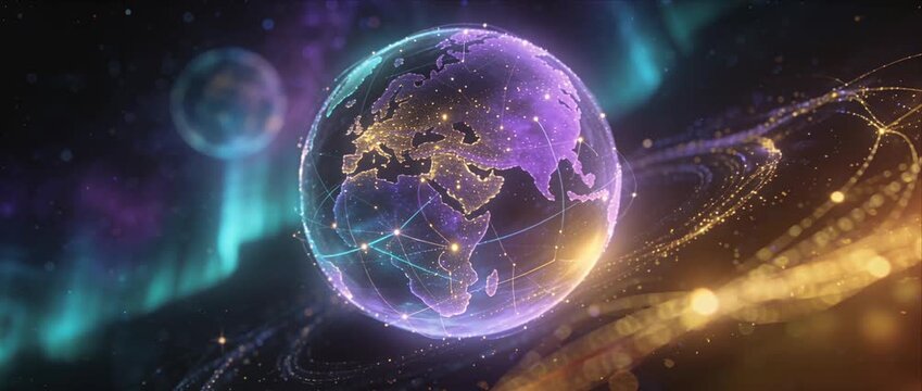 Futuristic hologram globe digital earth global network neon light space background future technology data connection cosmic energy abstract sphere glowing orbit cyberspace virtual reality technology
