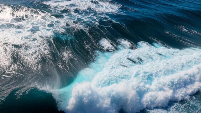 Powerful blue ocean wave sea water surf foam spray nature power energy coast seascape marine texture aerial view coastal wave