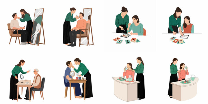 A collection of illustrations showing a speech-language pathologist working with patients of different ages on communication, articulation, and swallowing exercises.