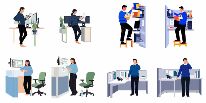Diverse illustrations of office professionals in modern workspaces, featuring ergonomic standing desks, cubicles, and medical coding tasks for business and healthcare concepts.