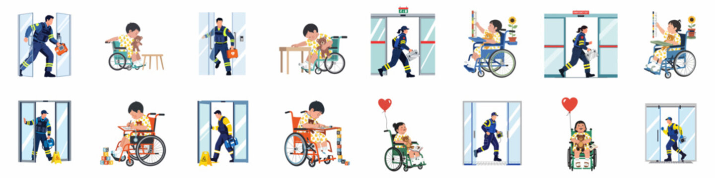Flat vector illustration set featuring emergency responders and children in wheelchairs, depicting medical care, first aid services, and patient recovery in hospital settings.