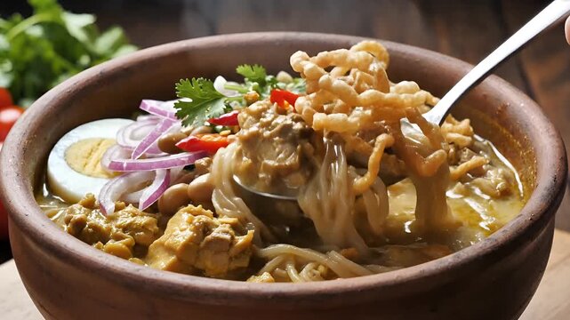 Delicious Khao Soi Curry Noodle Soup Being Eaten with a Spoon.