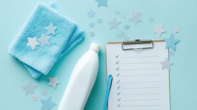 Soft Blue Aesthetic Checklist with Stars and Bottle