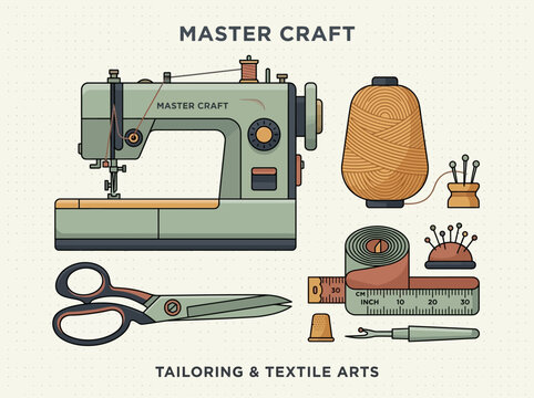 Vintage Sewing and Tailoring Equipment Vector Illustration with Sewing Machine, Scissors, and Thread