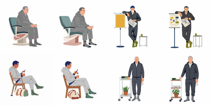 Set of vector illustrations depicting a senior man in loungewear engaged in various activities like medical checkups, leisure, and gym visits.