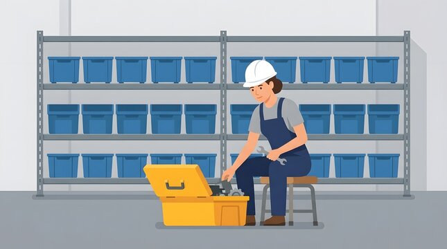 Mechanic with Toolbox in Storage Room: A female mechanic wearing a hard hat and overalls sits on a stool, selecting a tool from an open yellow toolbox. Behind her.