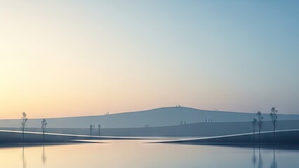 Fototapeta premium Tranquil landscape scene with water reflections and distant hills at dusk