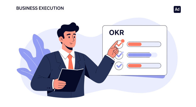 Man checking OKR progress bar, business execution concept