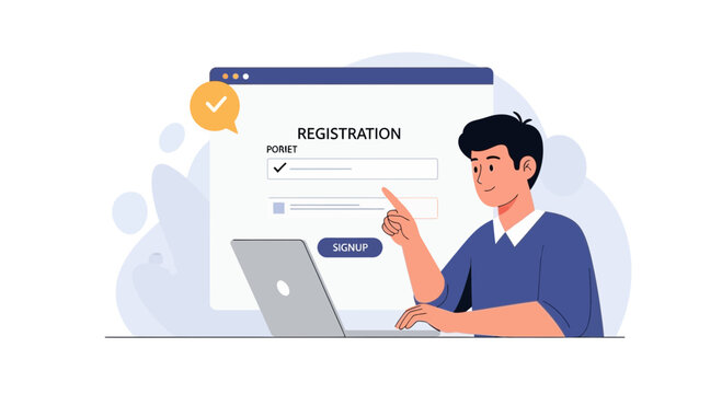 Man completing online registration form on laptop, digital signup process