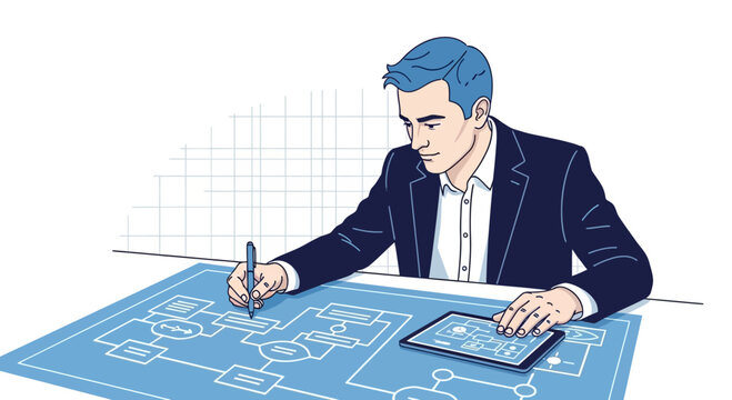 Man in suit designing flowchart on blueprint with digital tablet, business planning