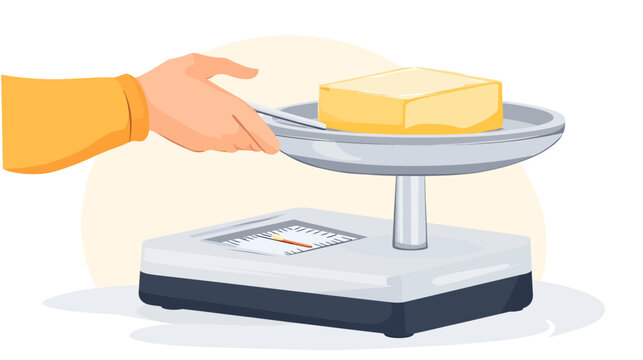 Cartoon hand weighing a block of butter on old-fashioned scale