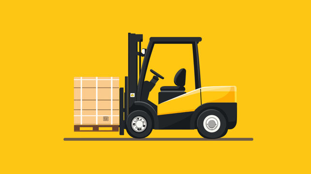 Illustration of a yellow and black forklift carrying a pallet of boxes on a yellow background