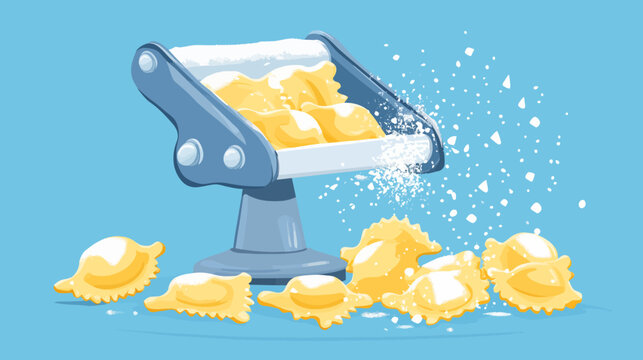 Pasta machine crushing ravioli with flour scattered around