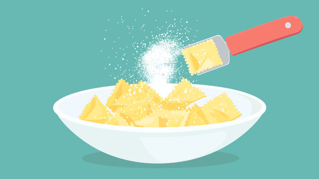 Illustration of uncooked ravioli pasta with flour being sprinkled onto a bowl