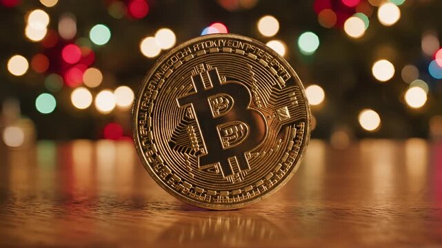 Golden Bitcoin Coin Symbolizing Cryptocurrency Investment Near Festive Christmas Lights.