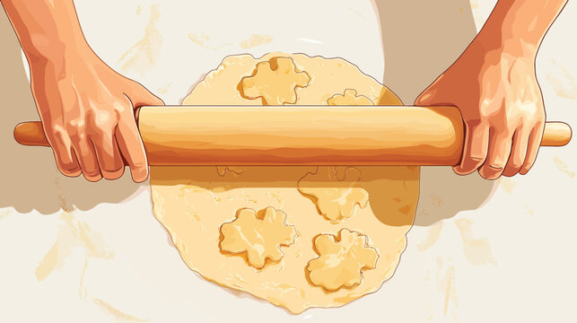 Hands rolling out cookie dough with flower shapes on a flat surface