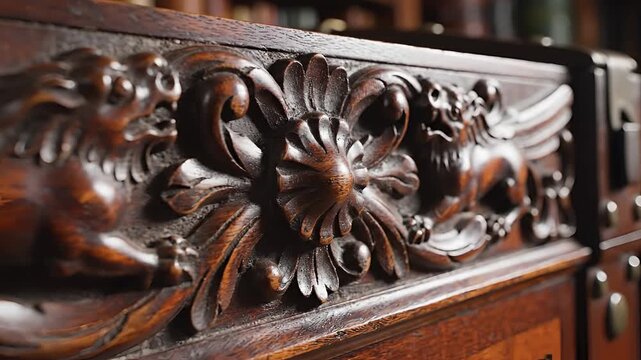 Intricate Antique Wood Carving of Mythical Creatures on Furniture.