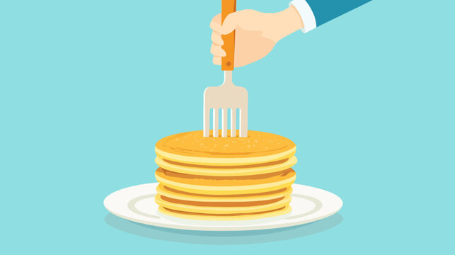 Illustration of a hand gripping a fork and poking a stack of pancakes on a plate