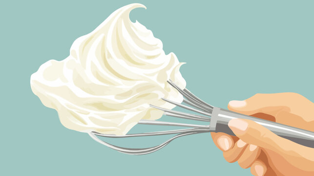 Hand whipping cream with metal whisk against pale background