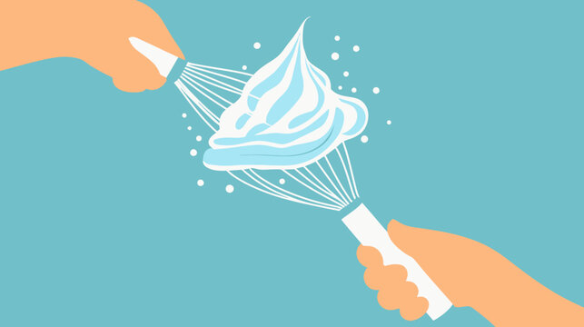 Two hands spray whipped cream into a bedazzled cone, light blue background