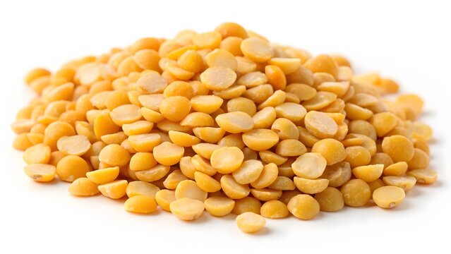 Close-up pile of split yellow peas as healthy legume food ingredient on white background