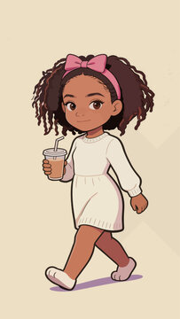 Cute Black Little Girl Walking with Iced Drink