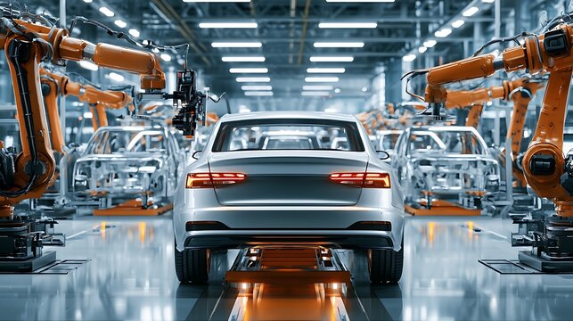 Ultra modern AI car manufacturing factory with robotic vehicle assembly line, cinematic industrial lighting,