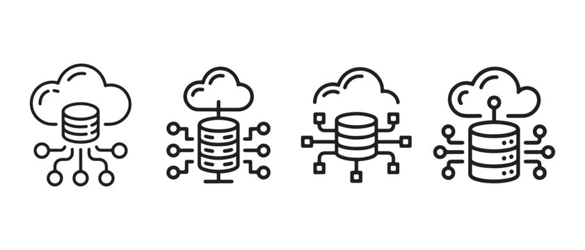 Cloud database icons set, data storage and network connection symbols, outline icons.
