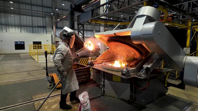 Cinematic industrial footage featuring molten metal pouring from a high-temperature furnace inside a modern manufacturing facility. Intense heat, glowing steel, sparks, heavy machinery, and industrial