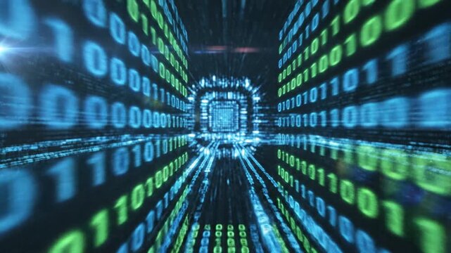 Digital data stream flowing through a network tunnel with binary code