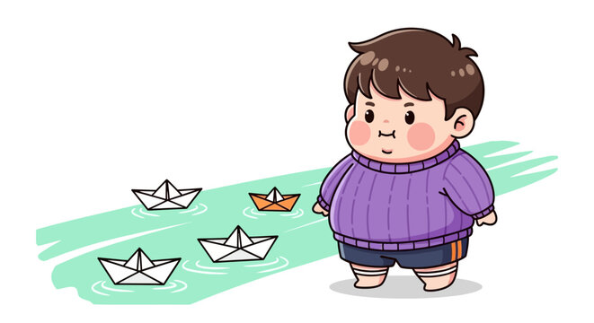 Curious young boy watching floating paper boats.