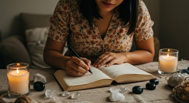 Woman writes in journal surrounded by candles and crystals on table indoors