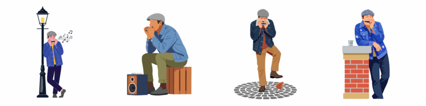 Set of vector illustrations of a man playing the harmonica in various urban street settings, including busking and casual playing.