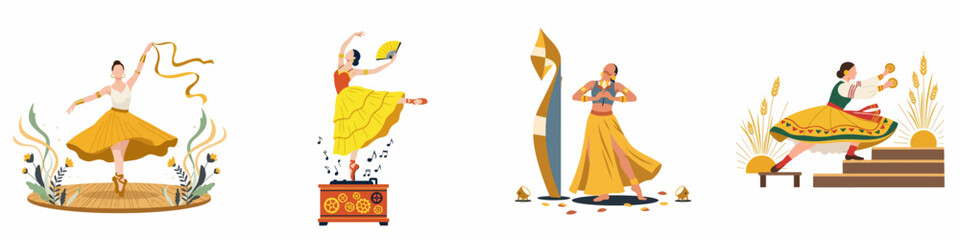 Set of four artistic illustrations featuring women performing various cultural and classical dances in vibrant yellow attire against a white background. © Nadya