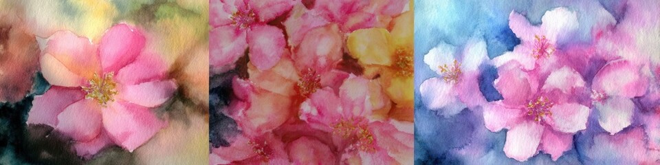 Fototapeta premium Watercolor Floral Art Pink Flowers Blossom Trio