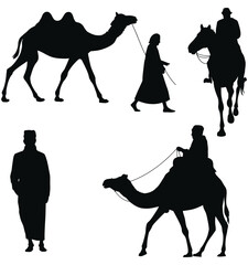 Camel in Action vector silhouettes featuring Dynamic Desert Animal Poses, ideal for wildlife, travel and nature themed design projects. © ABUBOKKORsiddik
