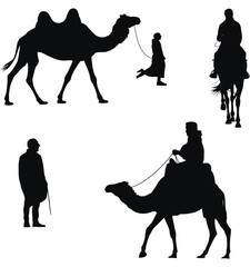Camel in Action vector silhouettes featuring Dynamic Desert Animal Poses, ideal for wildlife, travel and nature themed design projects. © ABUBOKKORsiddik