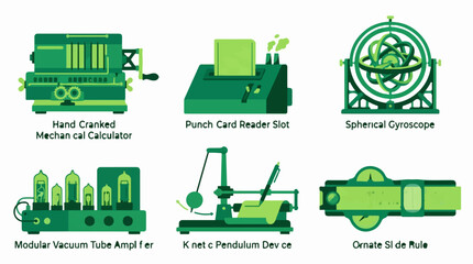 Naklejka premium Flat vector illustration set of six retro scientific and computing devices including a mechanical calculator, punch card reader, gyroscope, vacuum tube amplifier, pendulum, and slide rule.