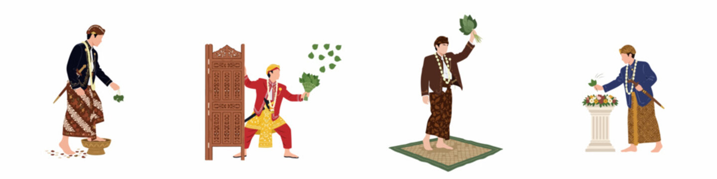 Illustrations of a groom performing traditional Javanese wedding rituals including Ngidak Tigan and Balangan Suruh in various Indonesian cultural attire.