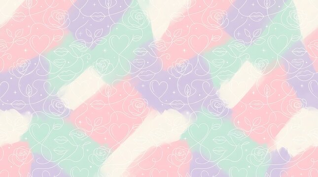 Romantic pastel pattern featuring rose heart and lip line art