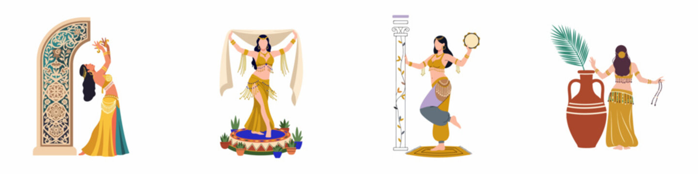 Set of four vector illustrations showing graceful belly dancers in traditional golden costumes performing Middle Eastern dances with cultural architectural and decorative elements.