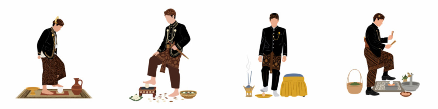 Vector Illustration of Javanese Groom Performing Traditional Ngidak Endhog Egg-Stepping Ritual in Wedding Ceremony Set
