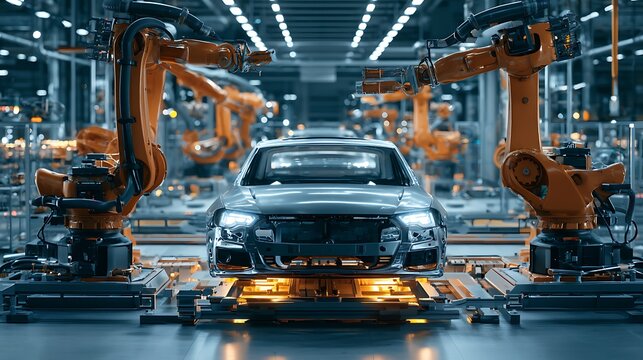 AI driven automotive factory with robotic vehicle assembly systems, futuristic industrial machinery, cinematic lighting, modern smart production environmen