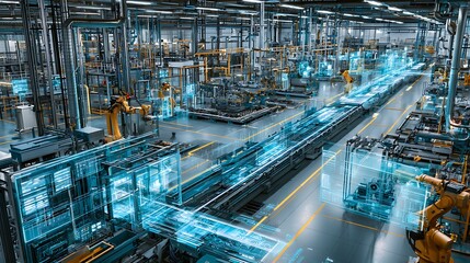 Fototapeta premium Futuristic green energy AI factory with robotic automation systems, sustainable industrial infrastructure, glowing digital interfaces