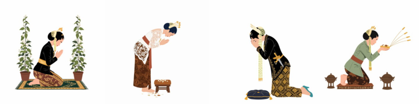 Illustrations of traditional Javanese wedding rituals and cultural ceremonies, featuring figures in authentic kebaya and batik attire performing prayers, bows, and offerings.