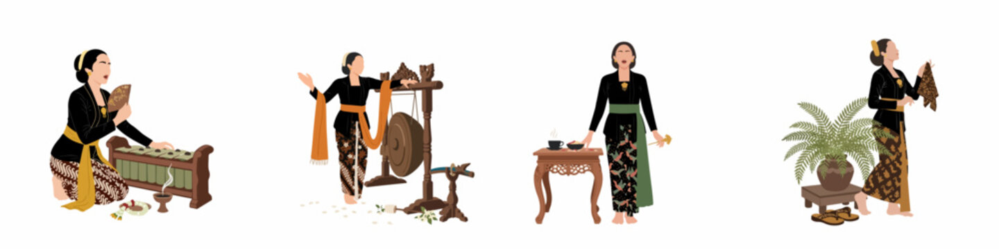 Flat Illustration Set of Javanese Women in Traditional Kebaya and Batik Performing Cultural Arts, Music, and Rituals on White Background.