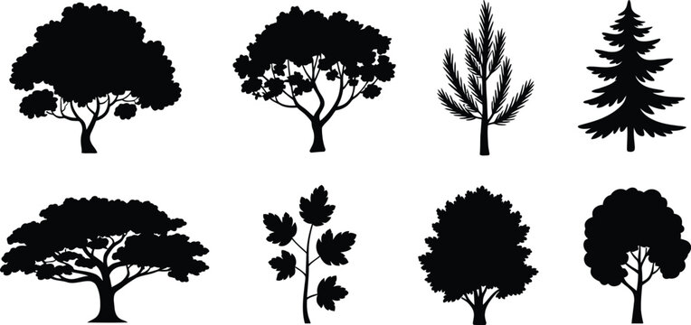 Collection of black tree silhouettes 